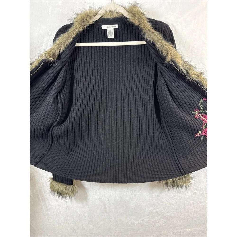 Preston & York Womens Black Sweater Cardigan Faux Fur Collar L embroidered